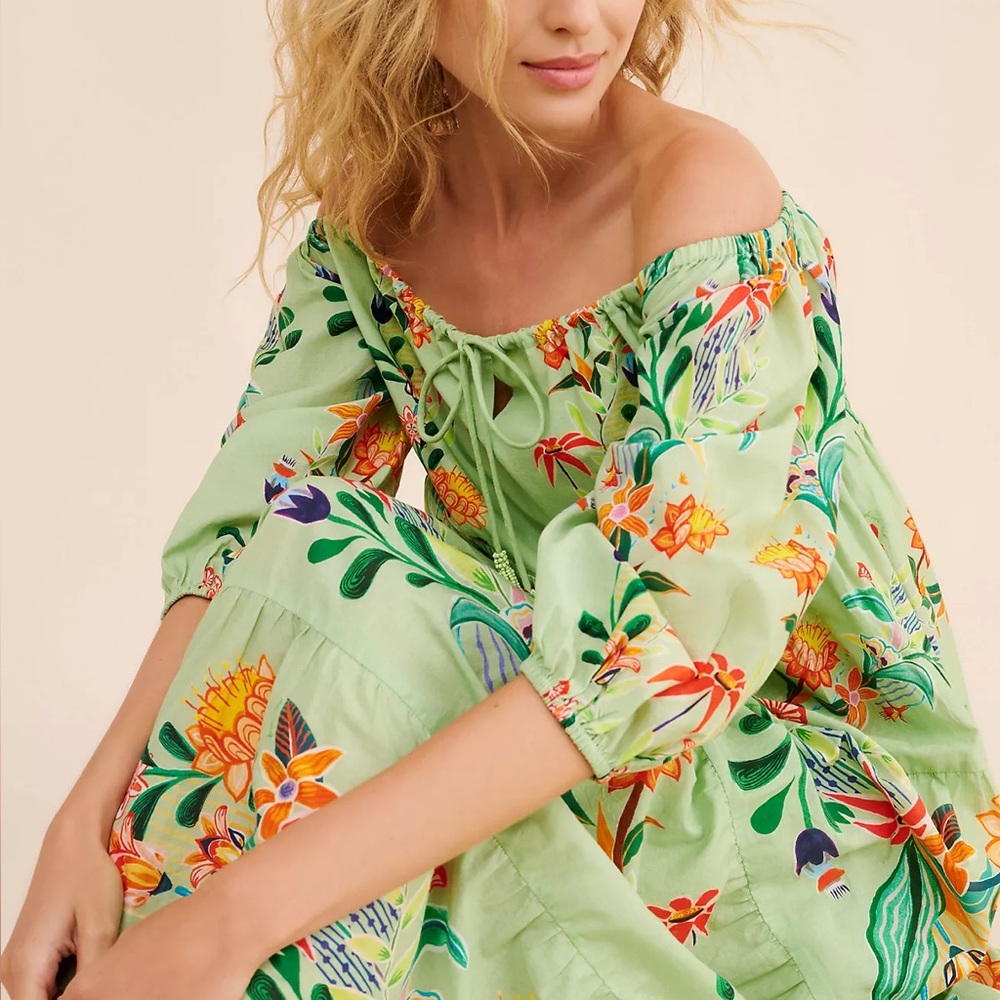 FARM RIO- Floral Green Off-Shoulder Dress